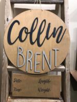 Double layered birch nursery/ hospital hanger. $75 Please submit the following with this design: Name **In order to have the 3D name cut and ready for your event, this must be ordered 2 weeks in advance and you must contact us by phone or email when you order.