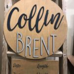 Double layered birch nursery/ hospital hanger. $75 Please submit the following with this design: Name **In order to have the 3D name cut and ready for your event, this must be ordered 2 weeks in advance and you must contact us by phone or email when you order.