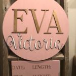 Double layered birch nursery/ hospital hanger. $75 Please submit the following with this design: Name **In order to have the 3D name cut and ready for your event, this must be ordered 2 weeks in advance and you must contact us by phone or email when you order.