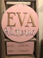 Double layered birch nursery/ hospital hanger. $75 Please submit the following with this design: Name **In order to have the 3D name cut and ready for your event, this must be ordered 2 weeks in advance and you must contact us by phone or email when you order.